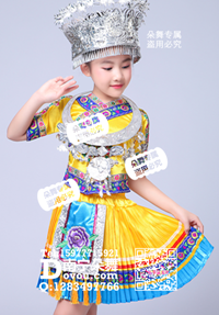 黄色蓝边壮苗瑶彝族女童装 (2)_EM032